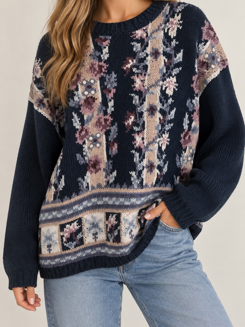 Vintage Rainbow Bridge Hand Knot Floral Sweater